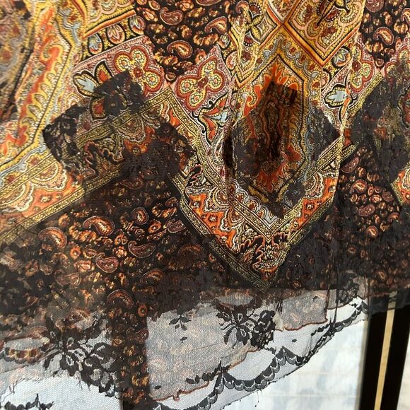 Wd•Ny 100% Silk Black Multicolor Paisley Patchwork Lace Hem Boho Maxi Skirt 12 - Picture 6 of 14